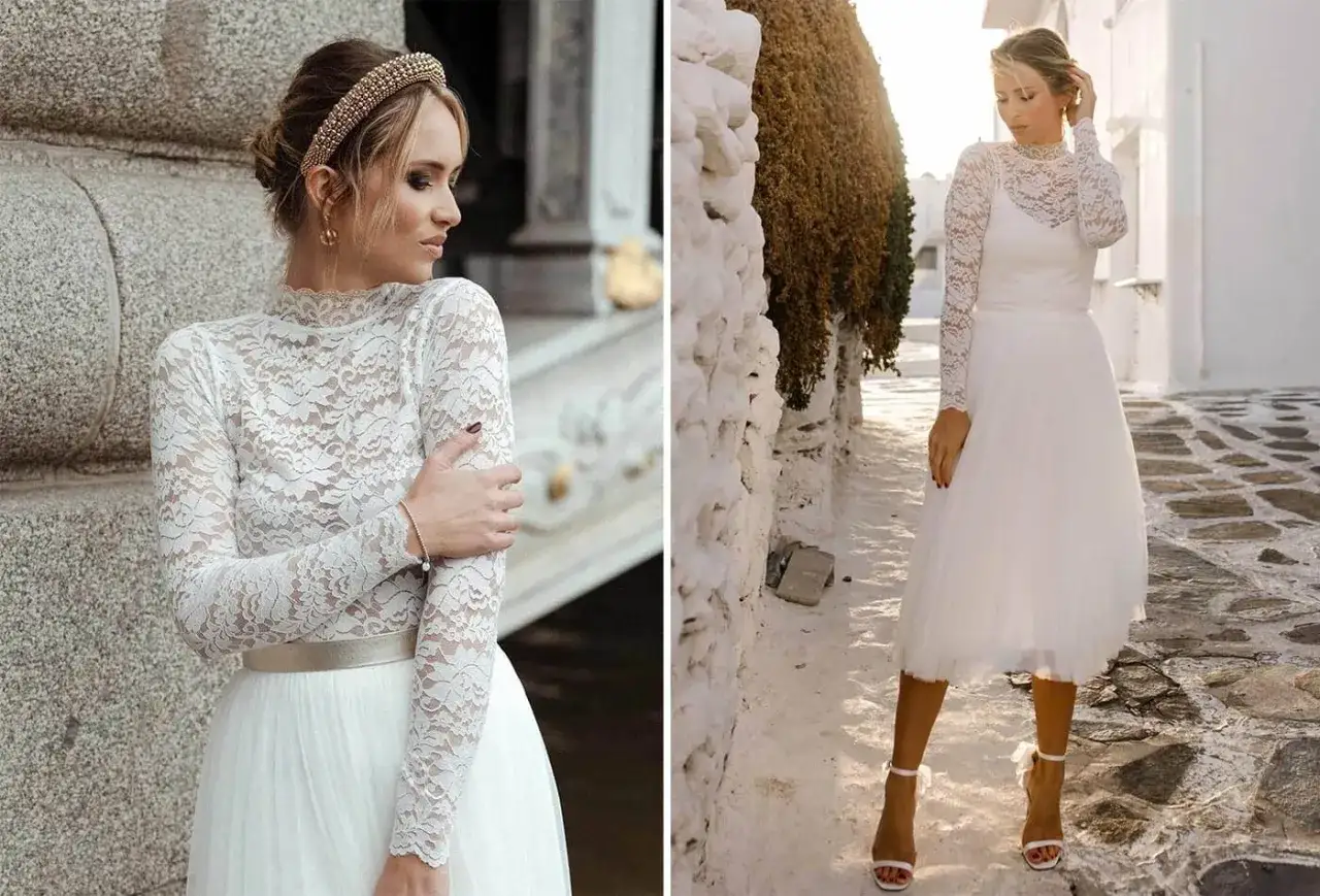 Braut im Spitzenkleid mit Schleier und goldenem Haarband, bereit f&uuml;r die Standesamt-Trauung im Winter.