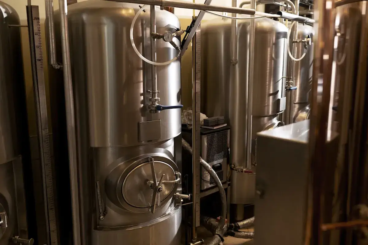 Cuves en acier inoxydable pour la bière fermentation haute, avec vannes et indicateurs de niveau.