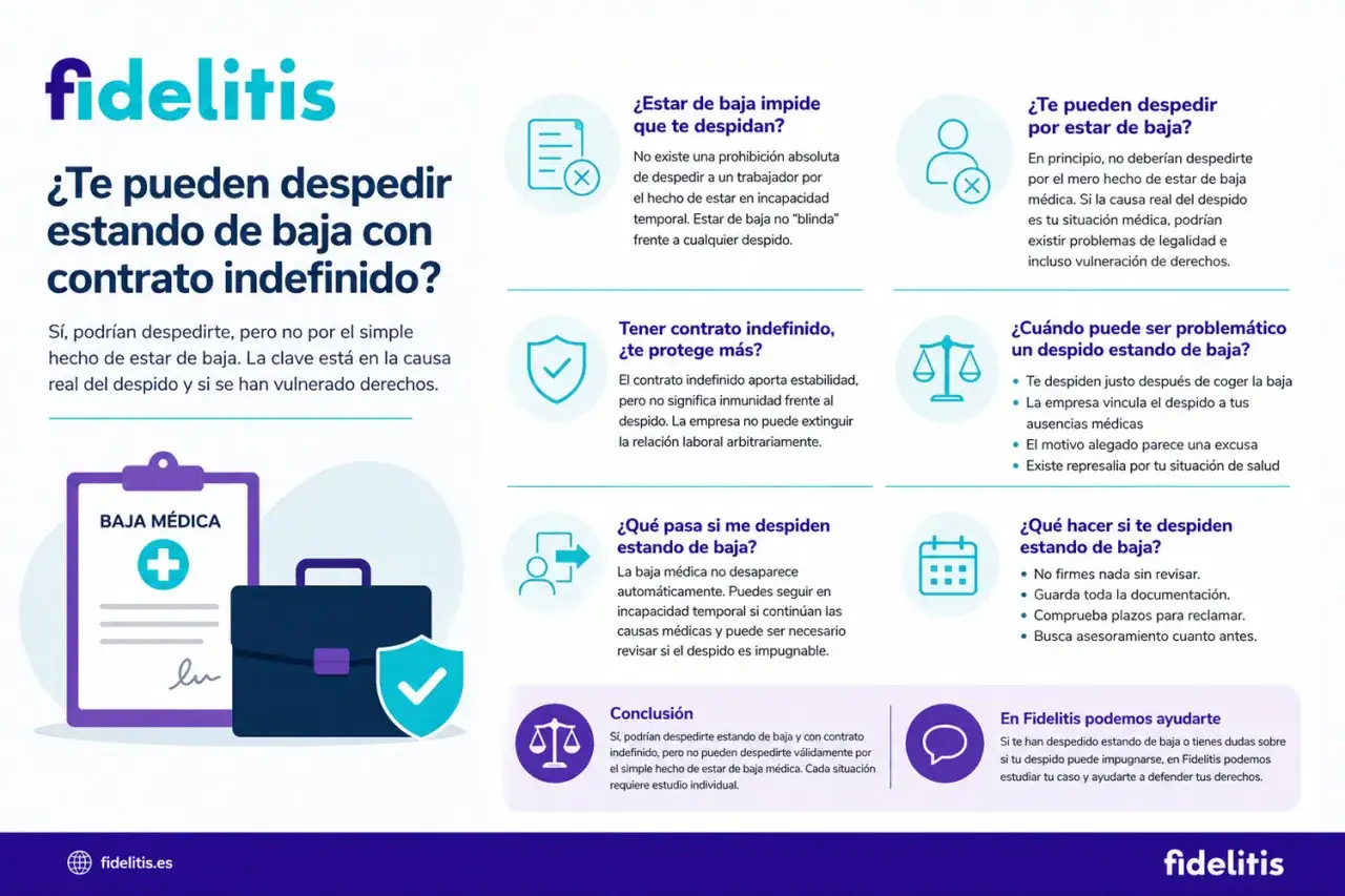 &iquest;Te pueden despedir estando de baja con contrato indefinido? Explica que s&iacute;, pero no por la baja en s&iacute;, sino por causas reales y si se vulneran derechos.