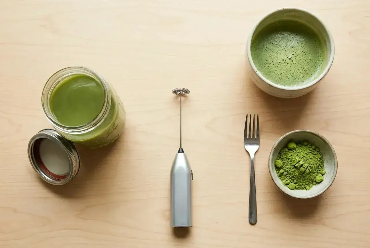 Préparation du matcha sans fouet : poudre verte, boisson mousseuse, mixeur et fourchette sur fond de bois.