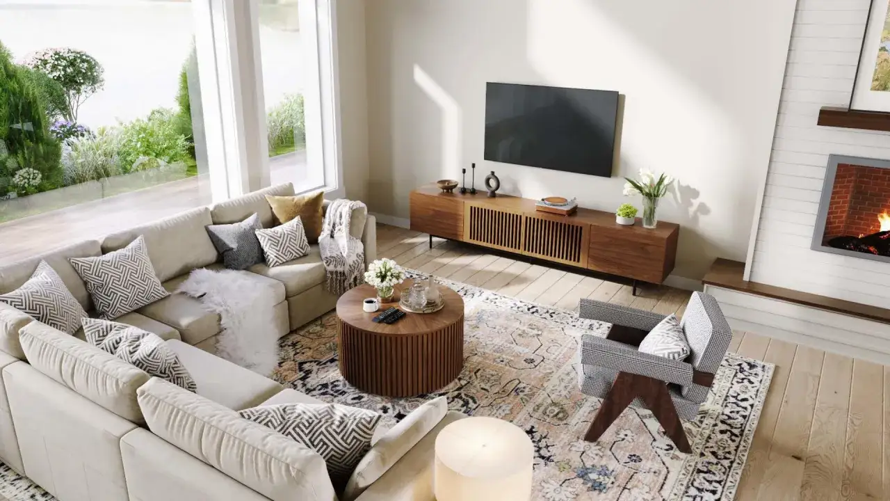 Ett stilrent vardagsrum med en stor soffa, ett runt soffbord och ett **högt tv bord** i trä. En öppen spis sprakar i bakgrunden.