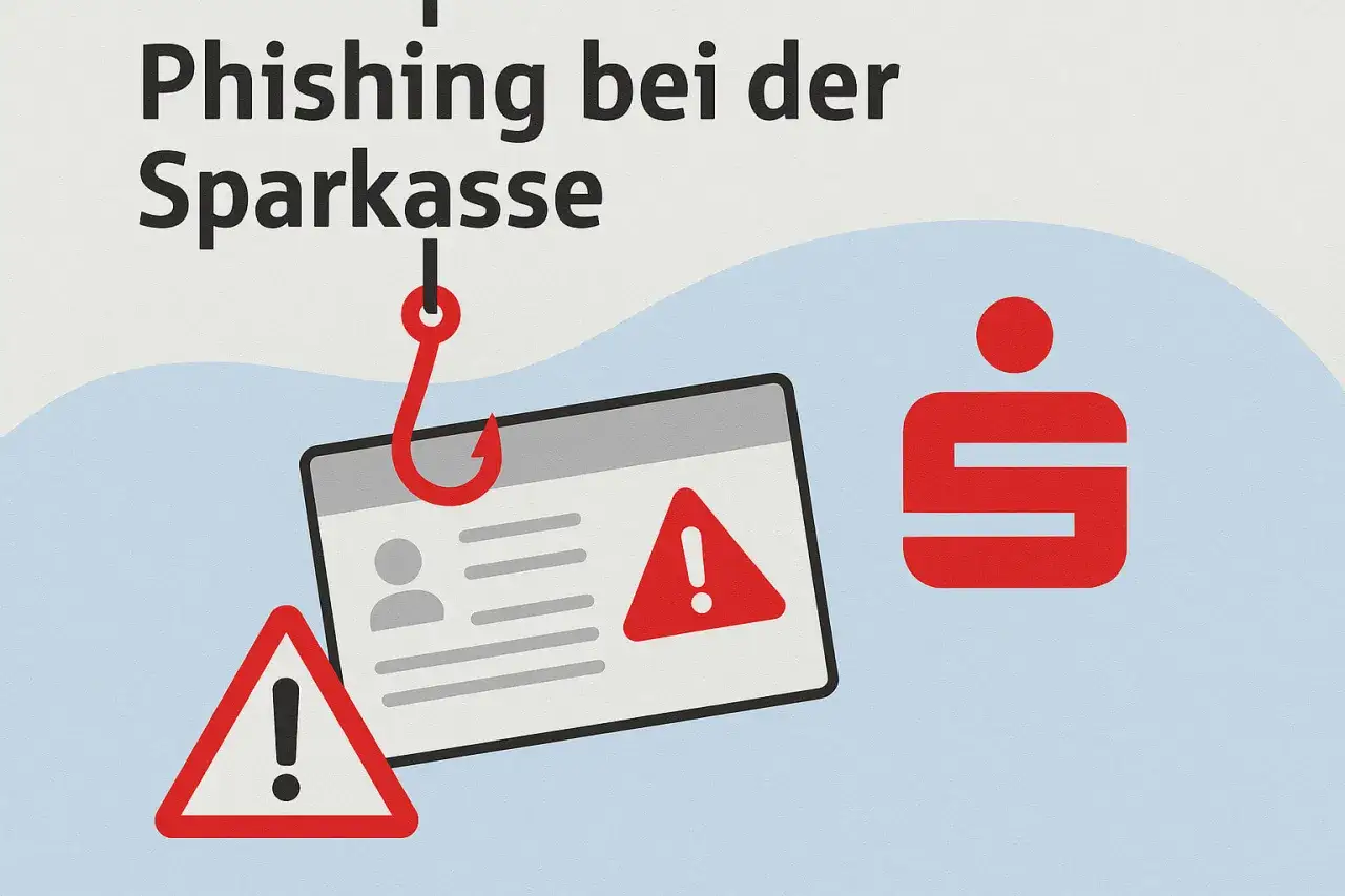 Warnung vor Phishing-Mail: Ein Haken fängt eine Sparkassen-Karte mit Warnsymbolen.