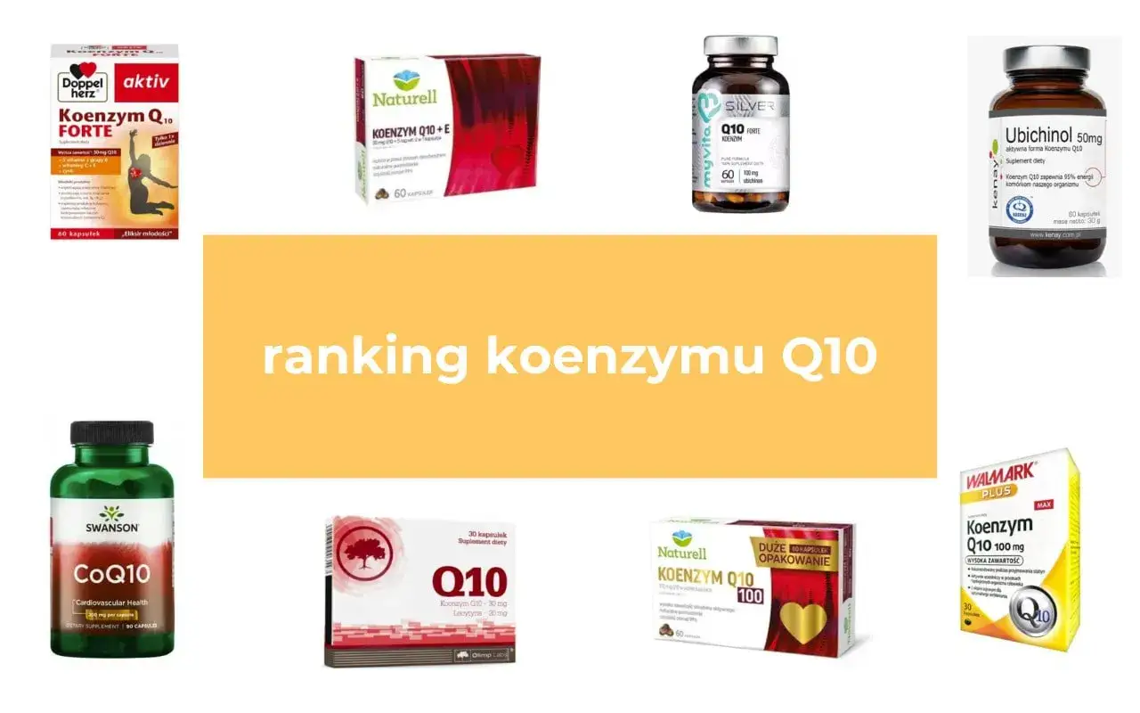 Różne suplementy z koenzymem Q10, w tym ubichinol, w opakowaniach i kapsułkach.