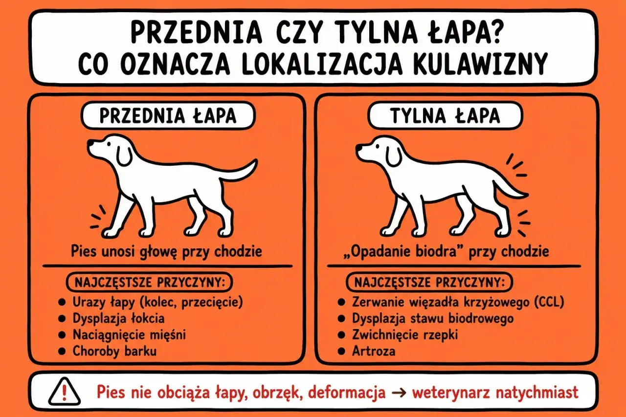 Pies kuleje, ale biega, gdy ma problem z przednią łapą (unosi głowę) lub tylną (opadanie biodra).