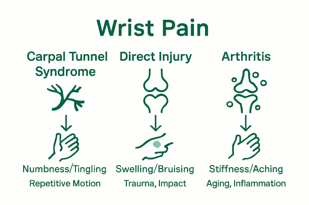 Diagramma sulle cause del dolore al polso quando lo ruoto: sindrome del tunnel carpale, trauma diretto, artrite.