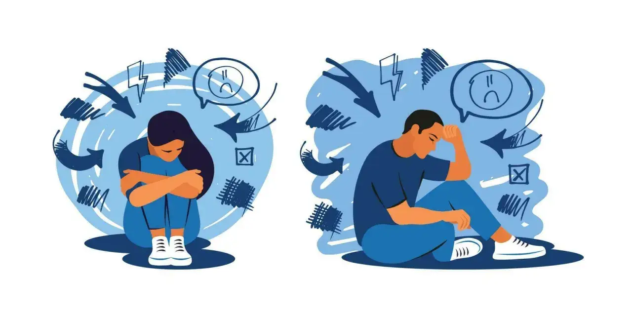 En kvinna och en man sitter hopkrupna, omgivna av pilar och symboler som representerar stress och ångest.
