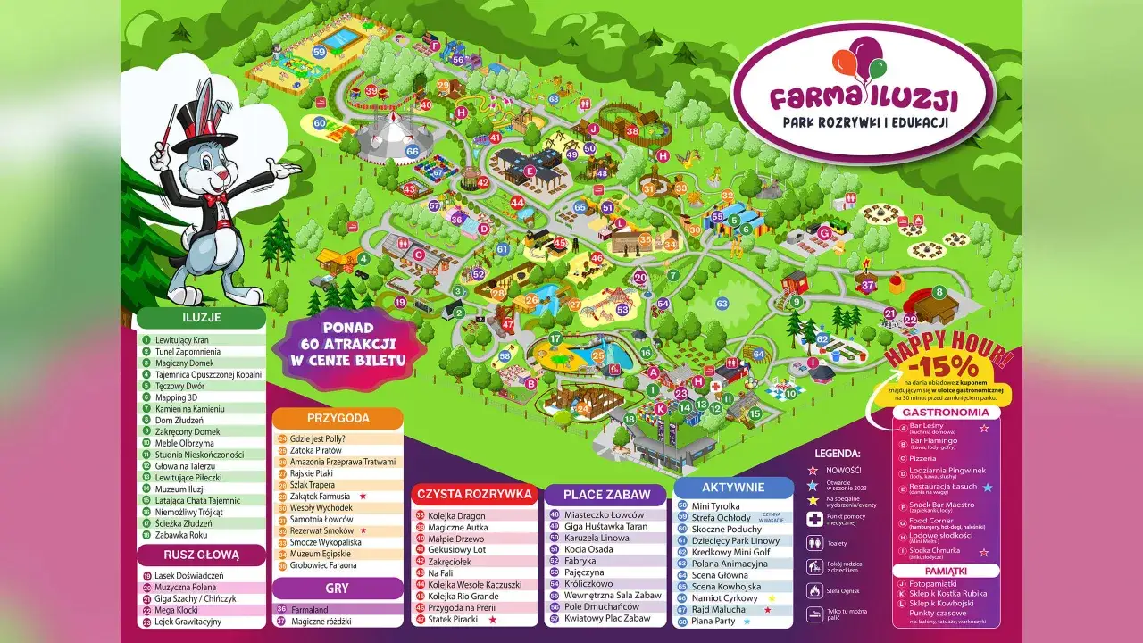 Mapa Farma Iluzji z trasą po ponad 60 atrakcjach, w tym iluzjach, placach zabaw i punktach gastronomicznych.