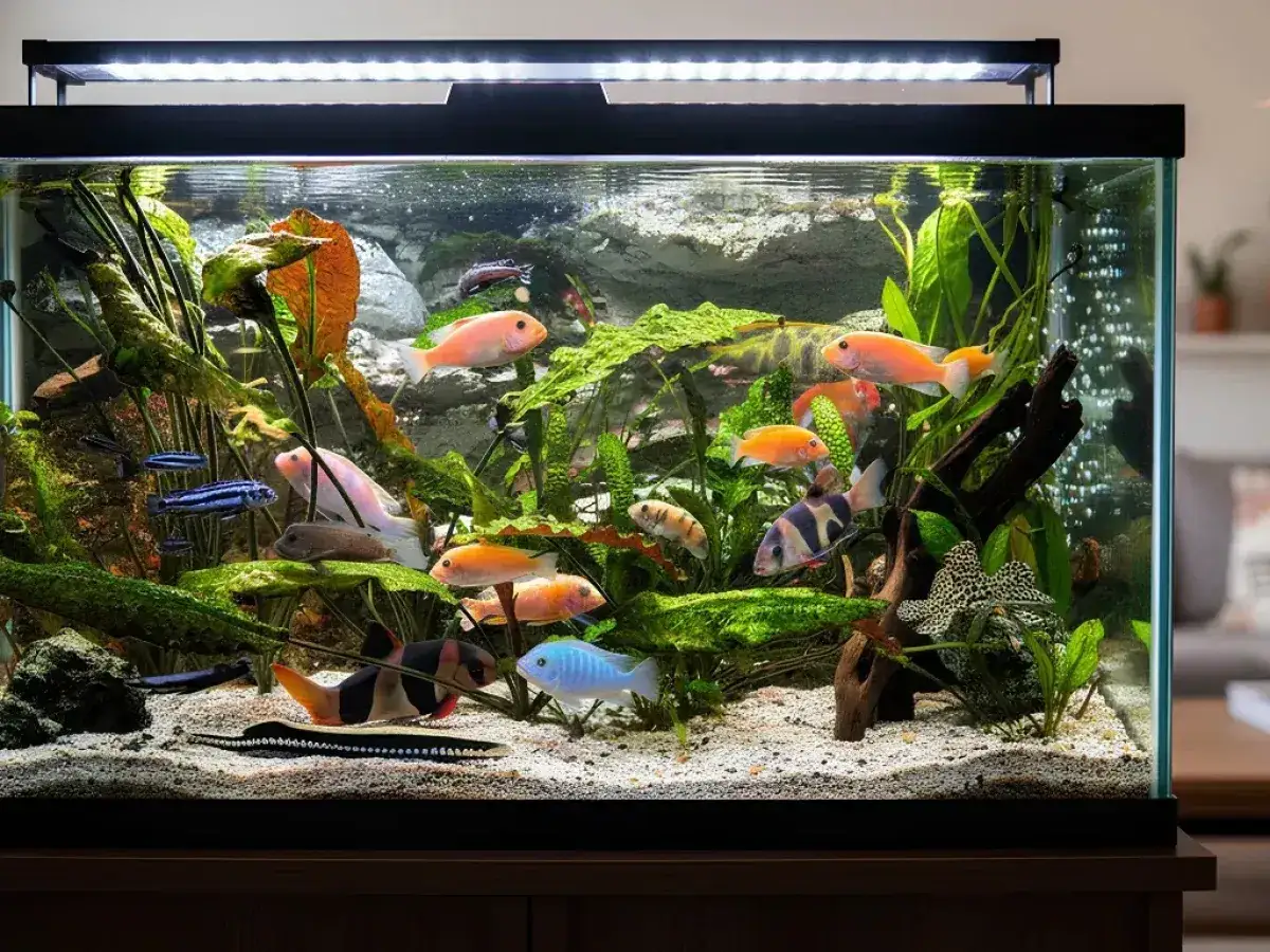 Un acuario vibrante con peces peque&ntilde;os de colores, incluyendo c&iacute;clidos rosados y naranjas, nadando entre plantas exuberantes y rocas.