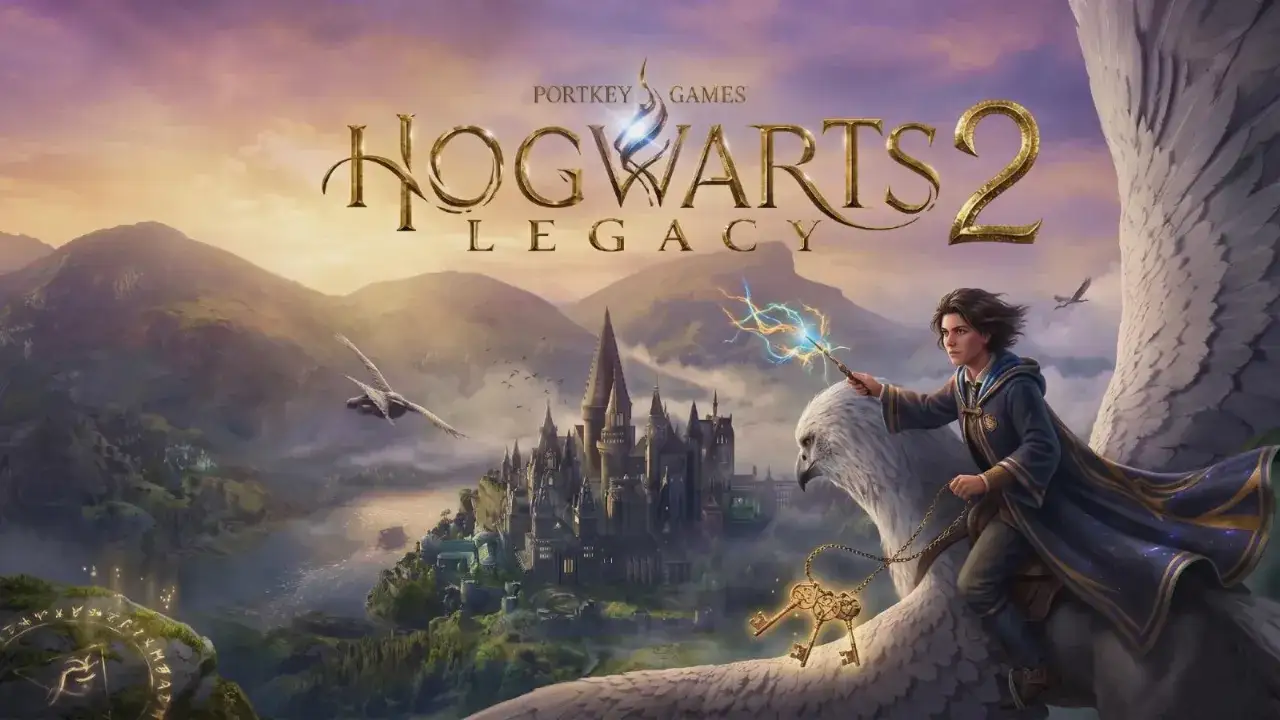 Uczeń na gryfie z różdżką w dłoni, nad zamkiem Hogwart. Zapowiedź gry Hogwarts Legacy 2.