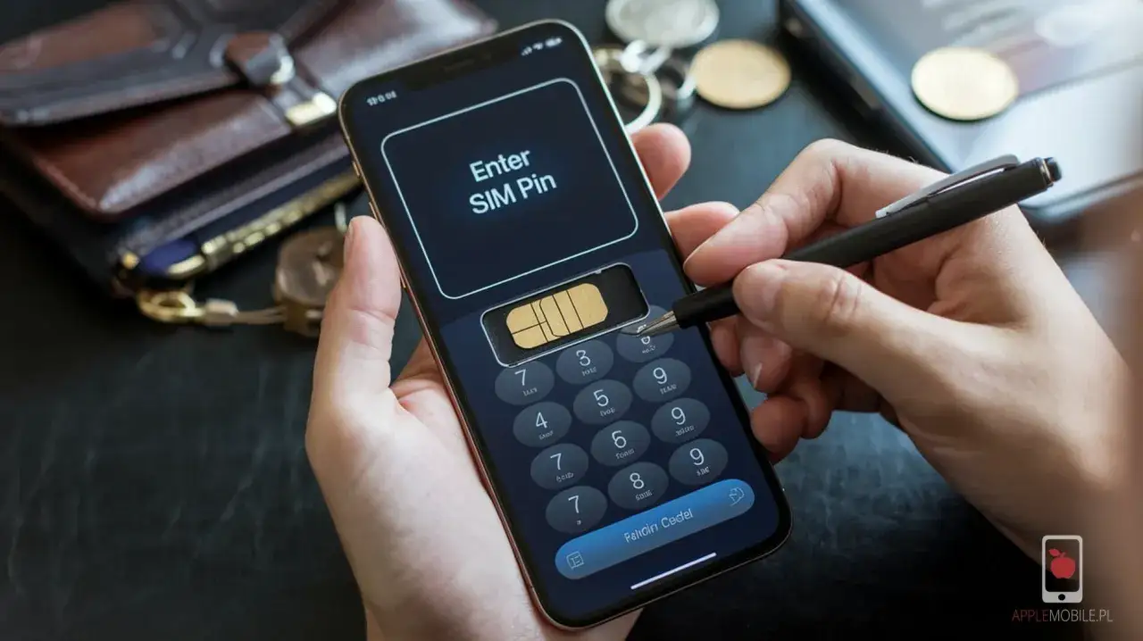 Jak odblokować telefon? Wpisz PIN karty SIM na ekranie telefonu. Obok leży portfel i klucze.
