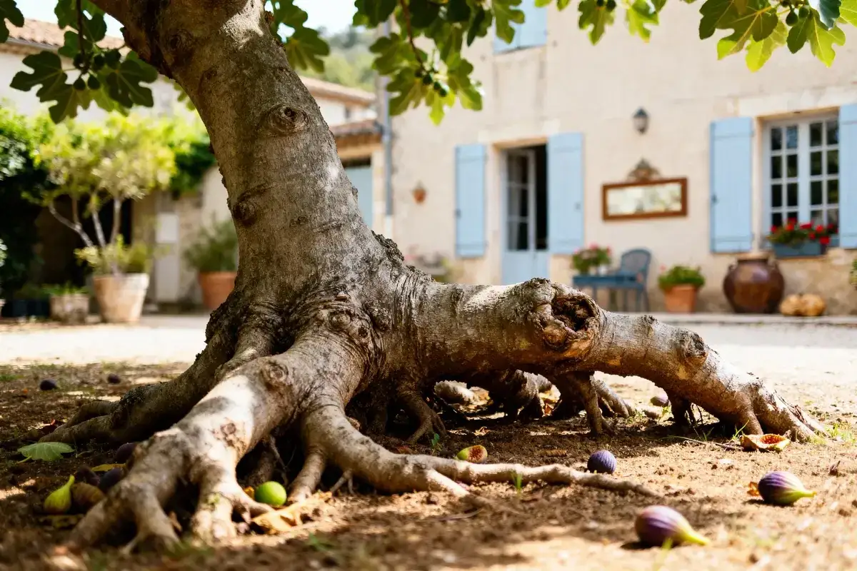 Gros plan sur les racines d'un figuier, quelques figues tomb&eacute;es au sol. L'inconv&eacute;nient du figuier : ses racines envahissantes peuvent g&ecirc;ner.