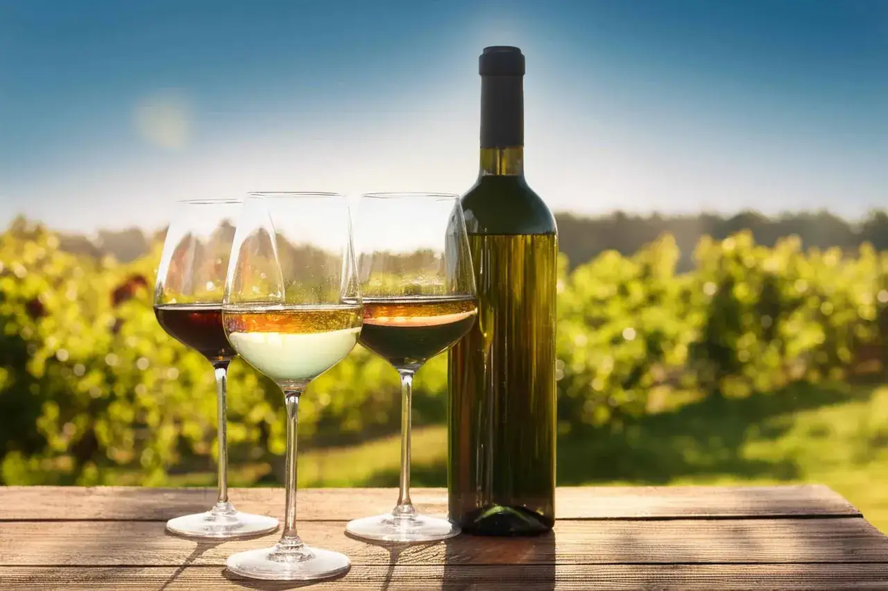Drei Gläser Wein und eine Flasche stehen auf einem Holztisch vor einem Weinberg. Ein Glas enthält Rotwein, die anderen zwei Weißwein, vielleicht ein Verdejo.
