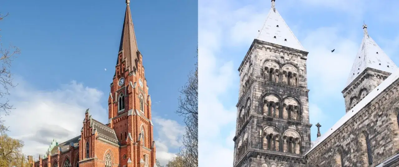 Två kyrktorn: ett rött tegel, likt Helgo Zettervalls verk, och ett stenklätt med romanska valv.