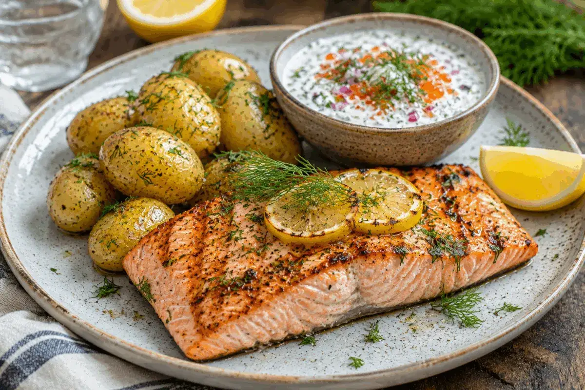 En saftig roms&aring;s lax med dill, citron och sm&aring;potatis. En perfekt sommarm&aring;ltid!