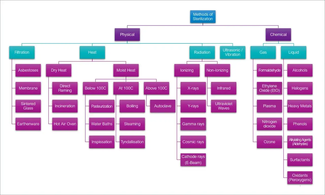 Diagramme des m&eacute;thodes de st&eacute;rilisation. La chaleur humide inclut l'&eacute;bullition. Pour savoir combien de temps dans l'eau bouillante pour st&eacute;riliser, il faut consulter des protocoles sp&eacute;cifiques.