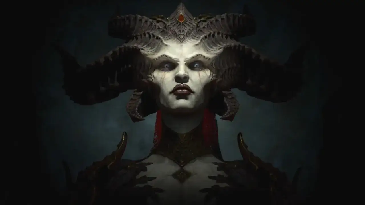 Lilith Diablo, matka demonów, z groźnymi rogami i przenikliwym spojrzeniem, w mrocznej scenerii.