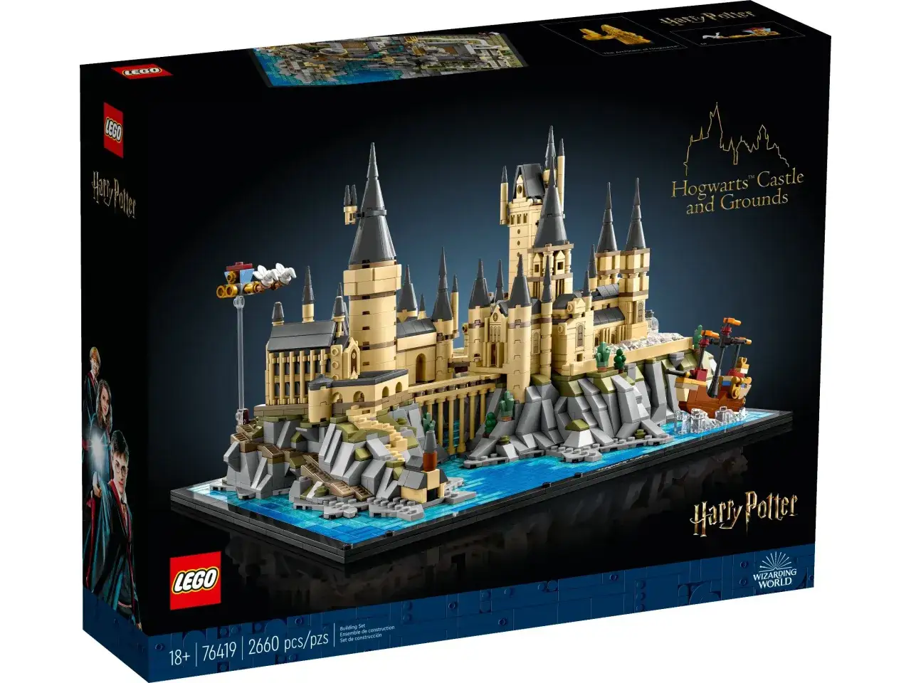 Zestaw LEGO przedstawiający zamek Hogwart i jego tereny, wiernie oddający magię uniwersum Harry'ego Pottera.