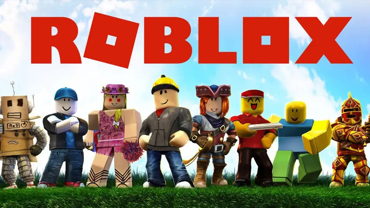 Postacie z Roblox, platformy z najlepszymi grami, pozują na tle nieba.