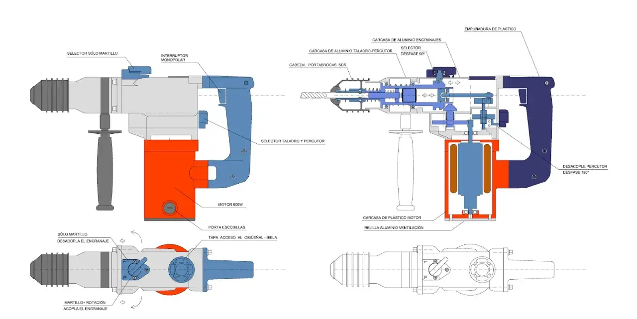 Diagrama de un taladro percutor, mostrando su motor, engranajes y selector de modo. Explica qué es un percutor y sus partes.