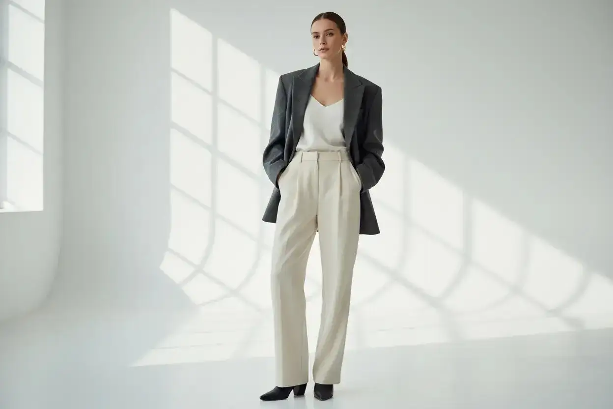 Donna con un elegante outfit con blazer grigio, camicetta bianca e pantaloni chiari.