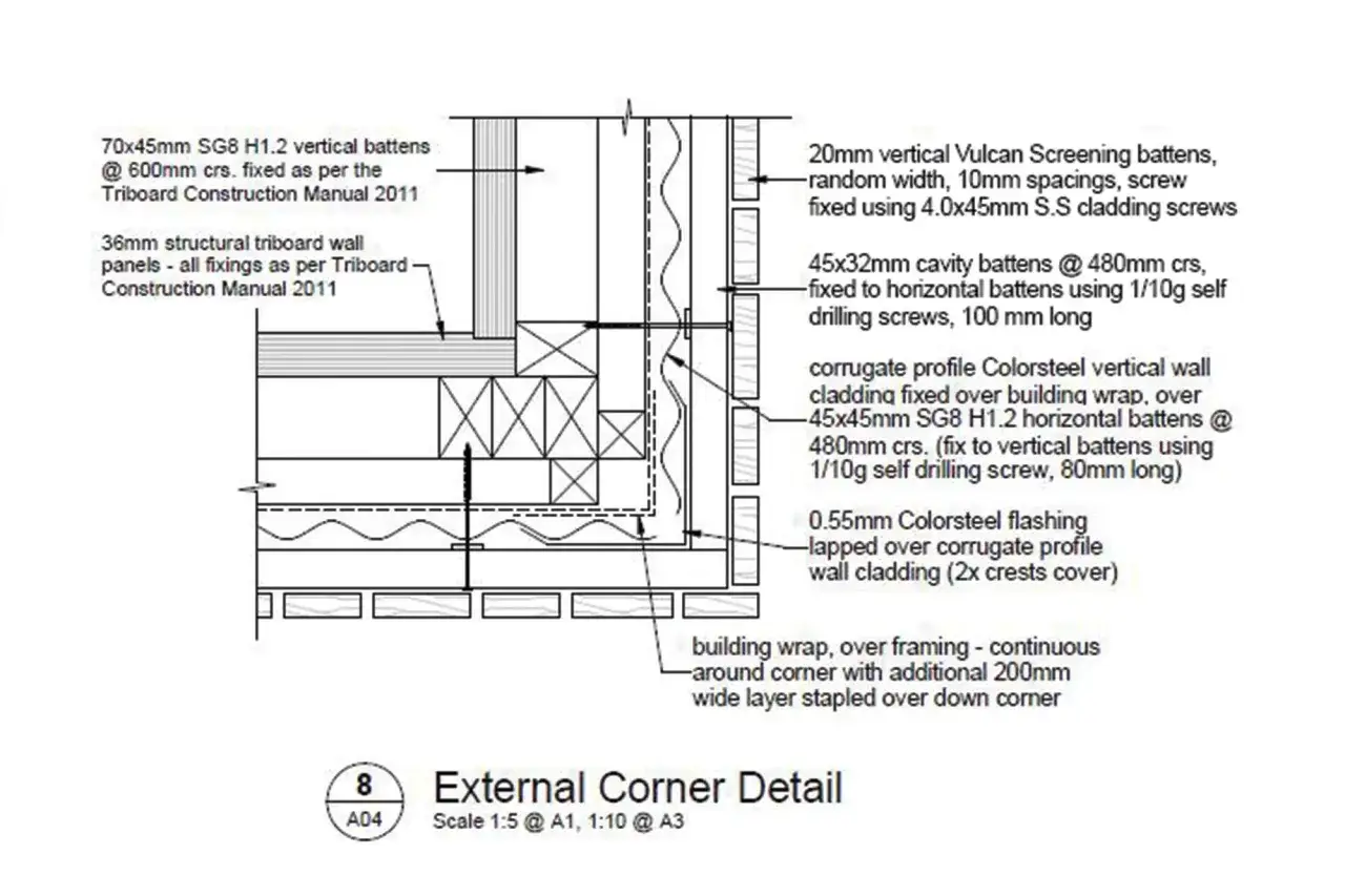 D&eacute;tail d'un coin ext&eacute;rieur avec pare-pluie, bardage vertical et horizontal, et fixations.