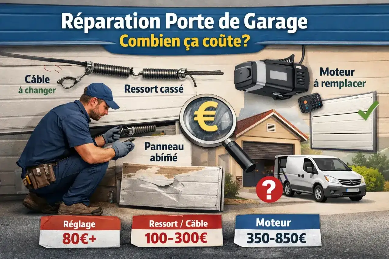 Un technicien répare une porte de garage. Le moteur de ma porte de garage ne fonctionne plus, coût estimé 350-850€. Panneau abîmé, ressort cassé, câble à changer.