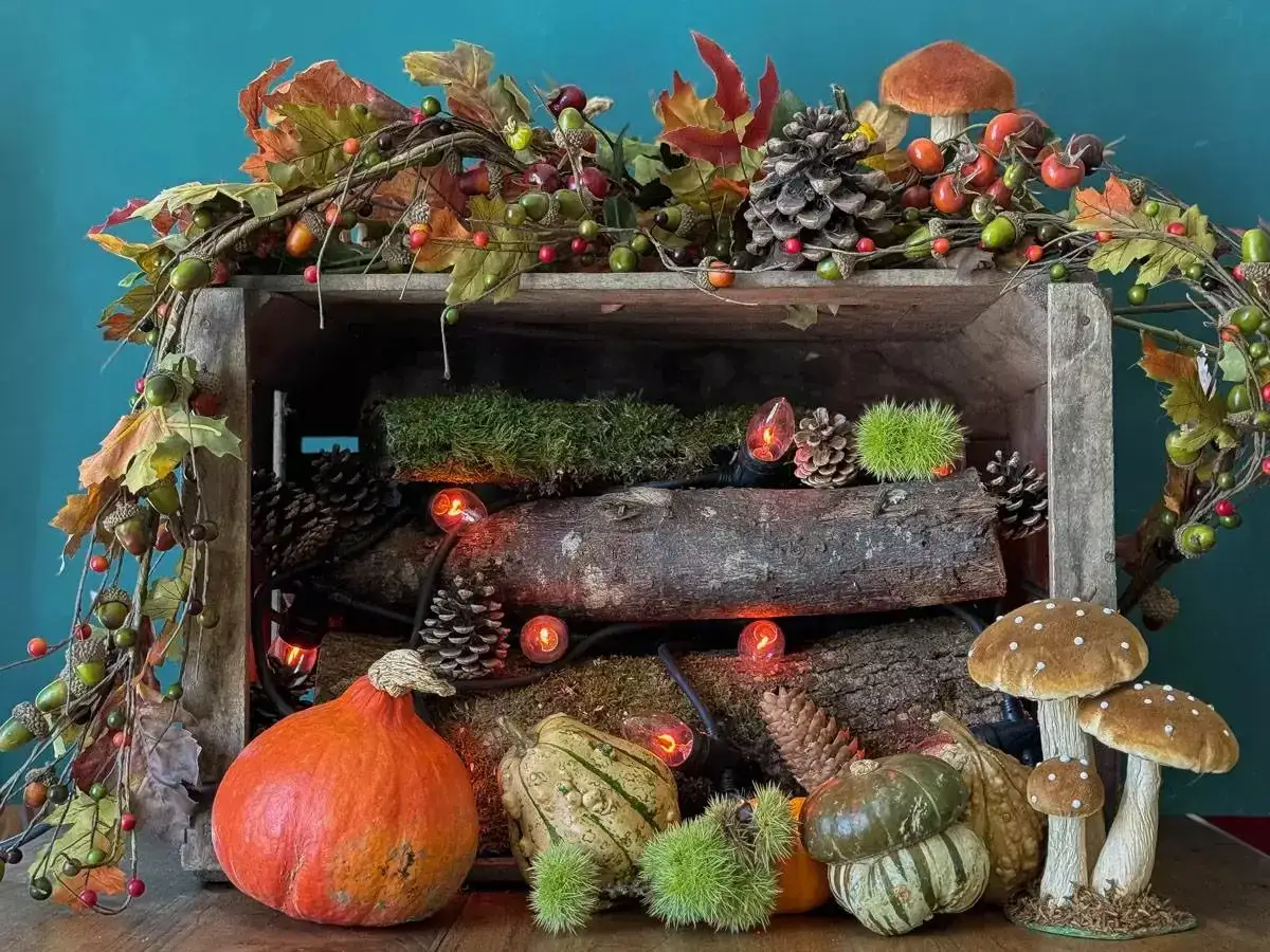 D&eacute;coration automne facile &agrave; faire : citrouille, courges, pommes de pin, guirlande de feuilles et de baies, et champignons d&eacute;coratifs dans une caisse en bois.