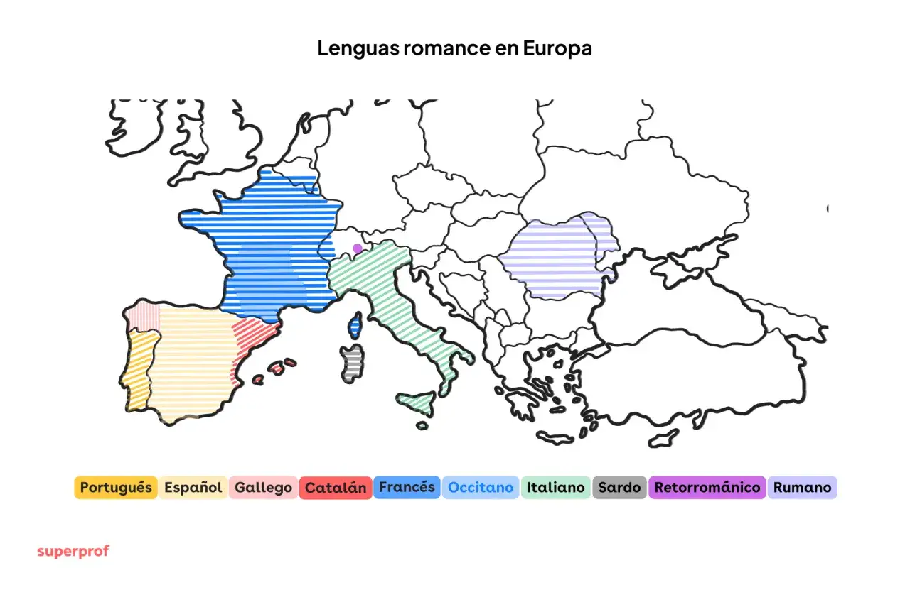 Mapa de lenguas romances en Europa. El origen del francés se muestra en azul en Francia.