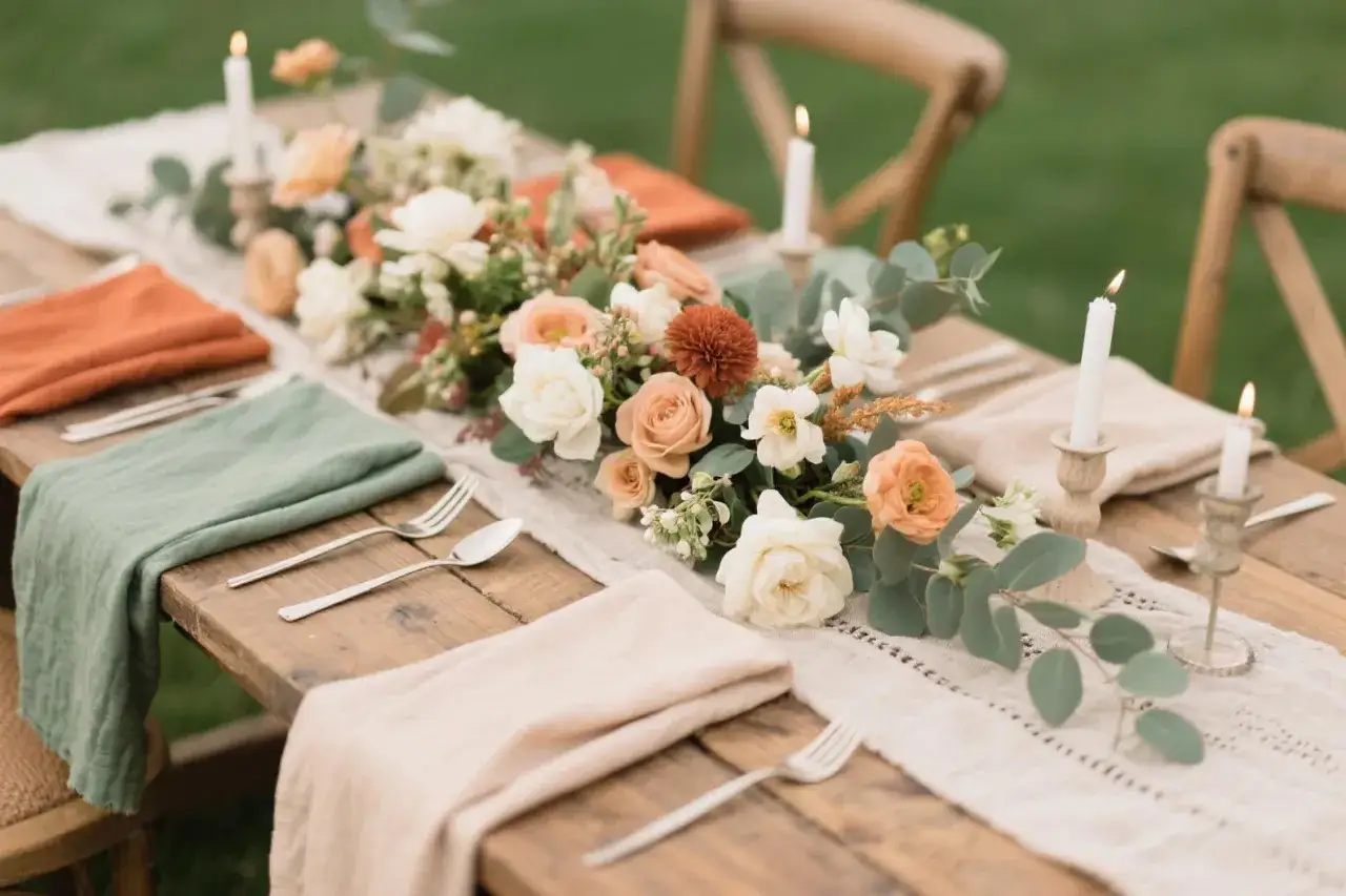 Une table rustique dress&eacute;e avec des fleurs roses, blanches et orang&eacute;es. Le vert clair des serviettes montre quelle couleur va bien avec le vert clair.