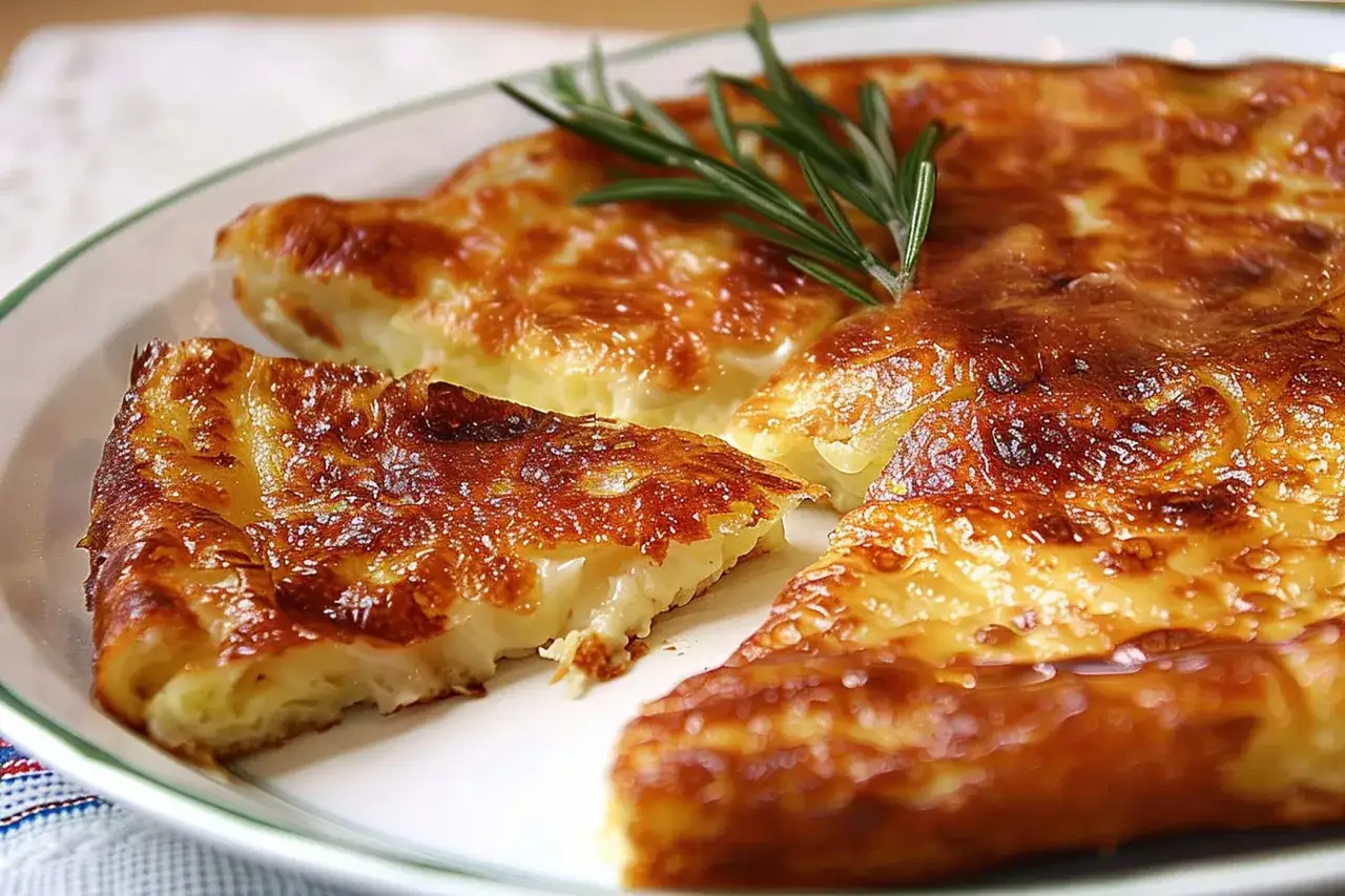 Piatto tipico udinese: torta di patate dorata e filante, guarnita con rosmarino fresco.