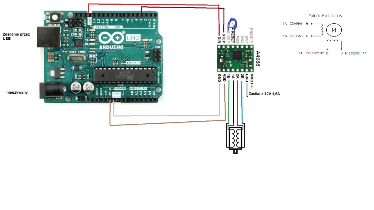 Schemat połączenia Arduino z modułem sterownika silnika krokowego A4988 i silnikiem bipolarnym.