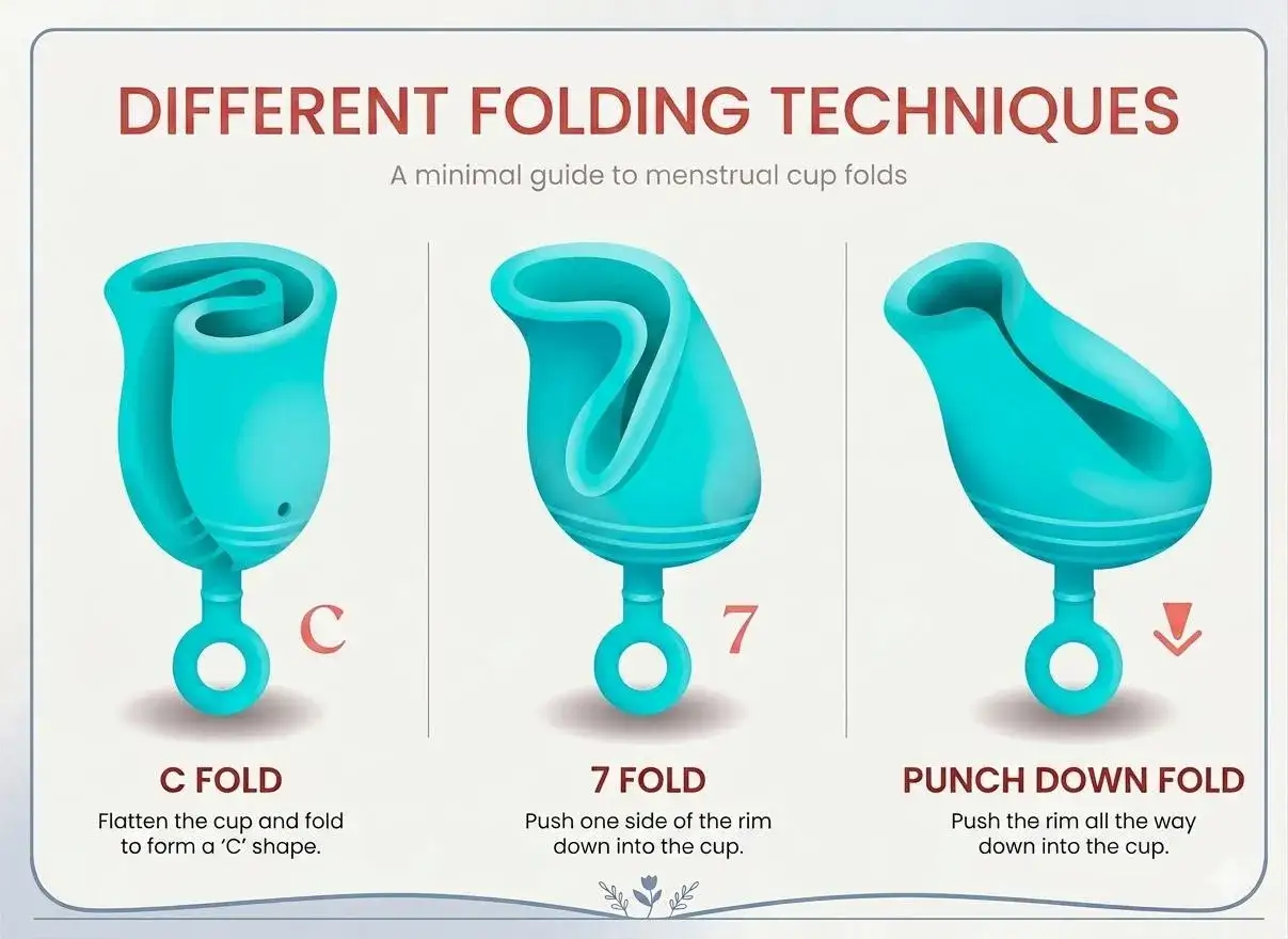 Gu&iacute;a visual de c&oacute;mo poner la copa menstrual: pliegue C, pliegue 7 y pliegue punch down.