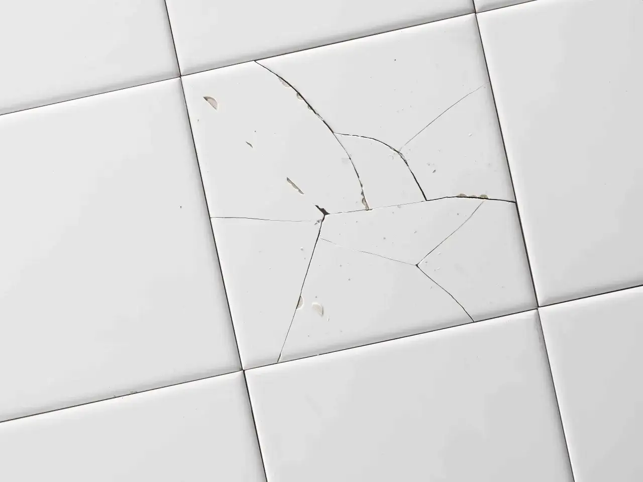 Detalle de azulejos blancos, uno de ellos roto y con esquirlas saltadas, listo para reparar.