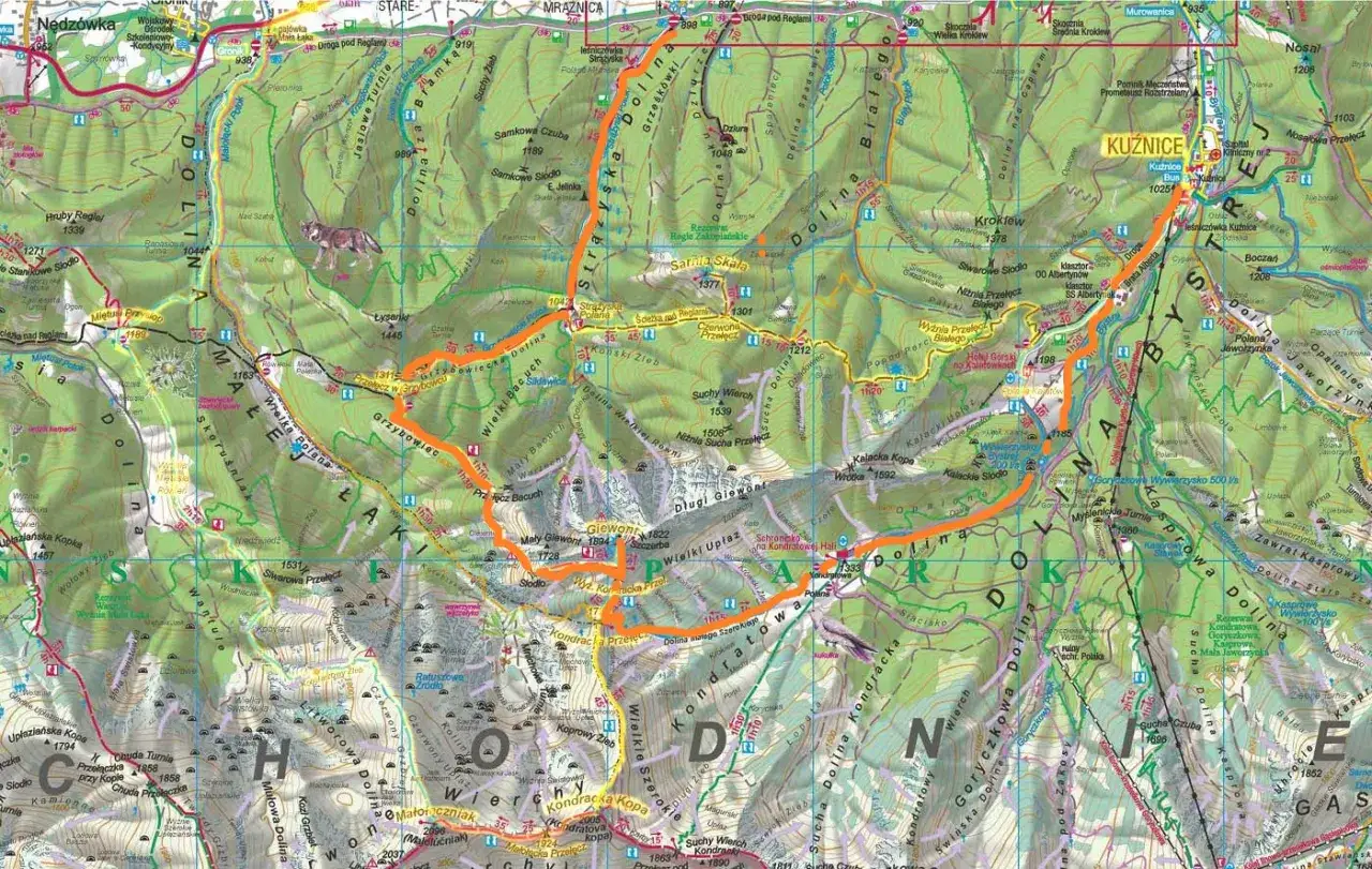Mapa Tatr z zaznaczoną trasą na Giewont. Widok z lotu ptaka na góry, lasy i doliny.