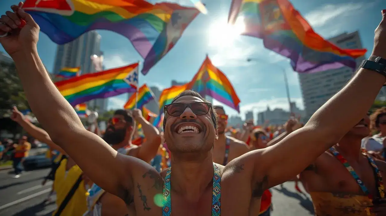 A man with arms raised in celebration at a Pride parade, surrounded by rainbow flags. This vibrant scene suggests Panama is gay friendly.