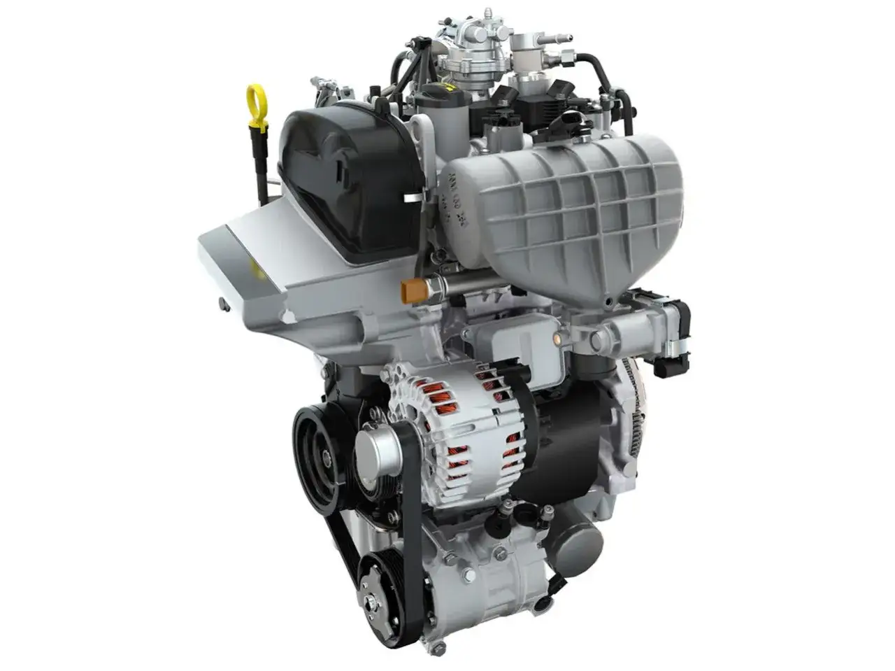 Silnik 1.0 TSI z alternatorem i paskami napędowymi.