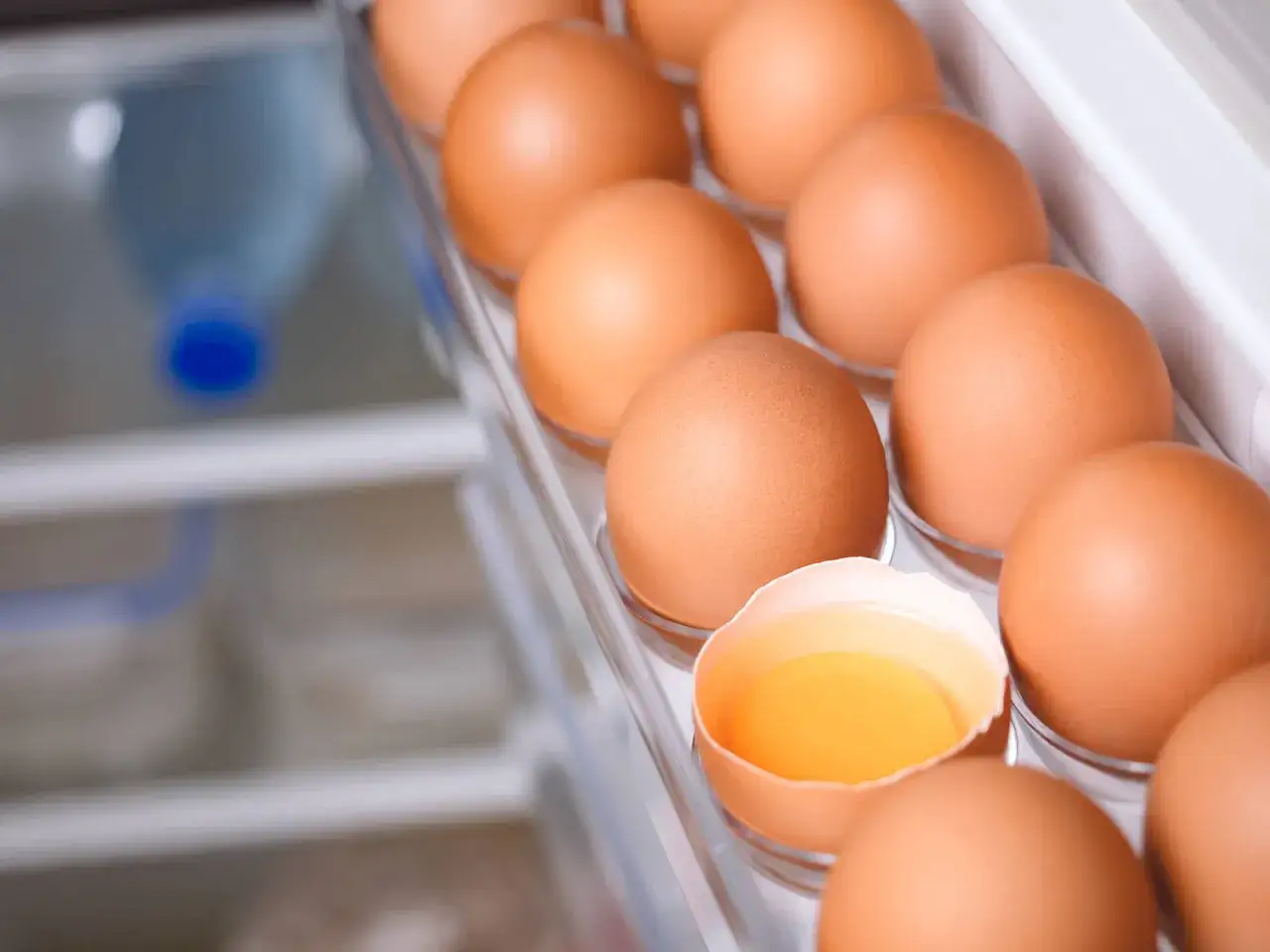 Huevos marrones en la nevera, uno roto mostrando la yema. ¿Cuánto dura un huevo desde que lo pone la gallina?