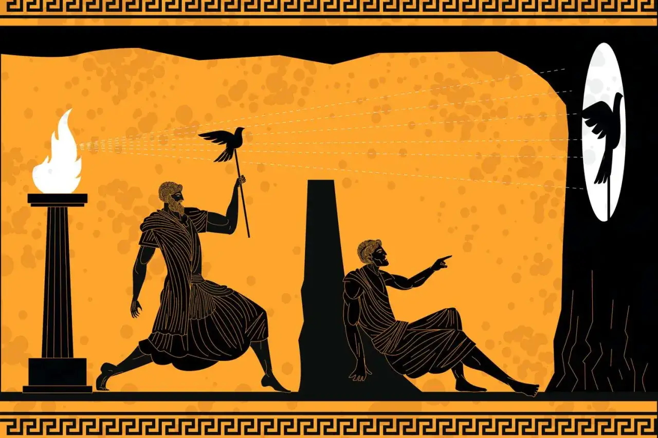 Illustration av grottan fr&aring;n Platon filosofi. En f&aring;nge pekar p&aring; skuggor p&aring; v&auml;ggen, en annan visar en f&aring;gel.