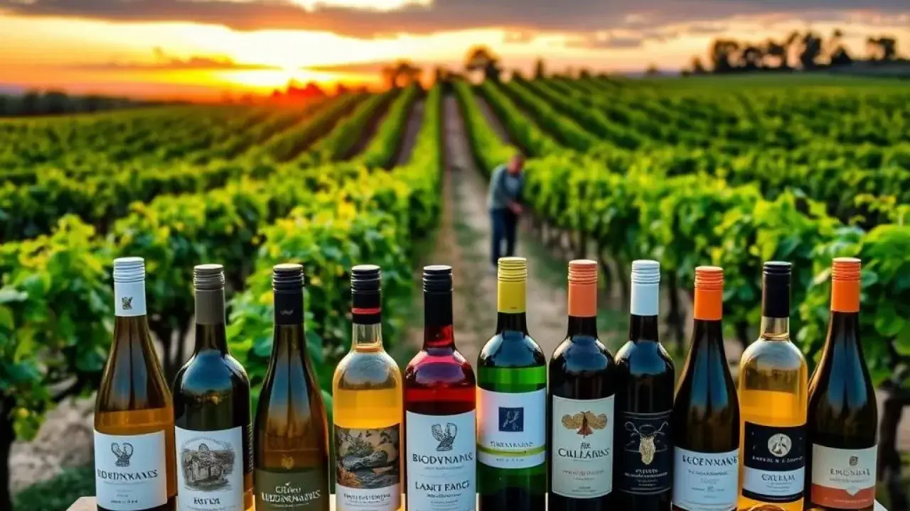 Bouteilles de vin align&eacute;es devant un vignoble au coucher du soleil. L'une des &eacute;tiquettes mentionne 