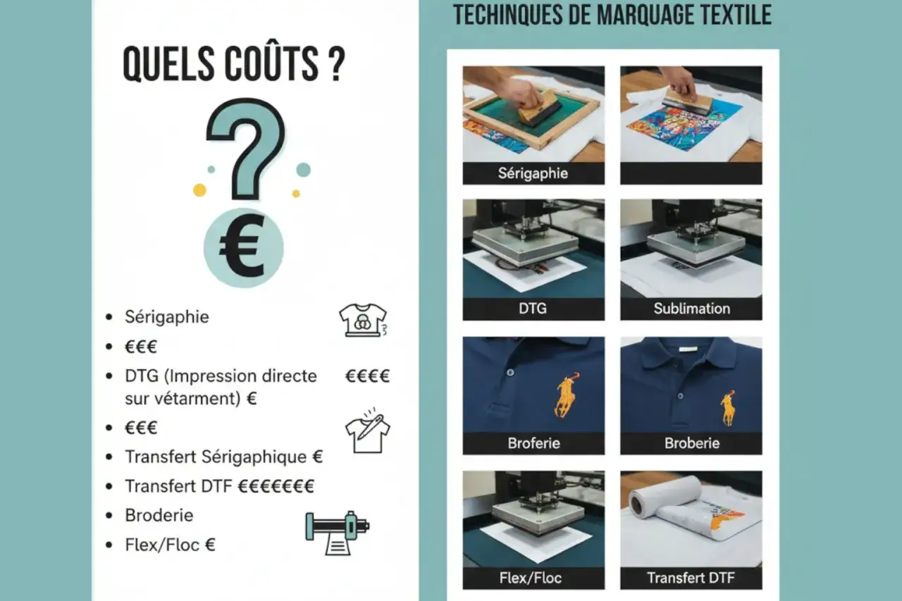 Comparaison des co&ucirc;ts des techniques de marquage textile : s&eacute;rigraphie, DTG (impression directe), sublimation, broderie, transfert DTF.