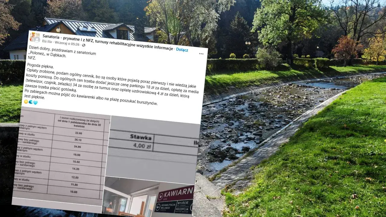 Sanatorium w Dąbkach informuje, ile się dopłaca do sanatorium: parking 18 zł/dzień, media 34 zł/osobę, opłata uzdrowiskowa 4 zł/dzień.