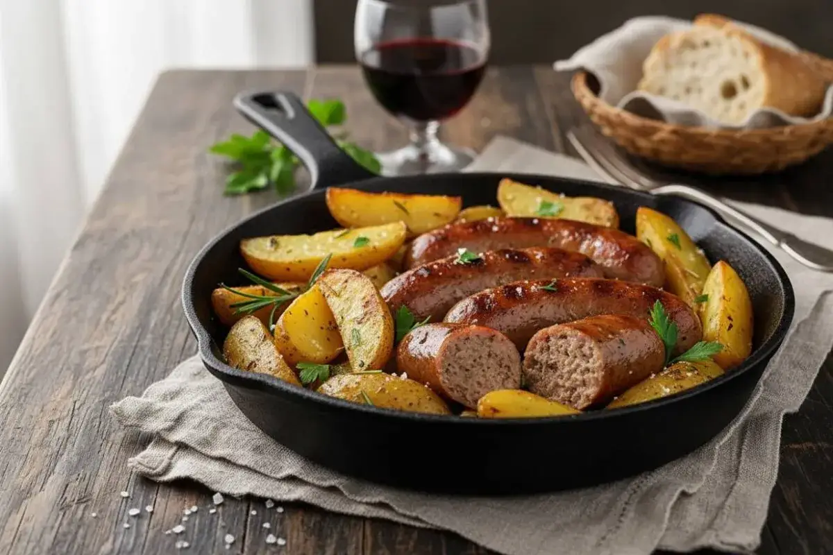 Salsiccia e patate in padella, un piatto rustico e saporito, pronto per essere gustato con un bicchiere di vino rosso.