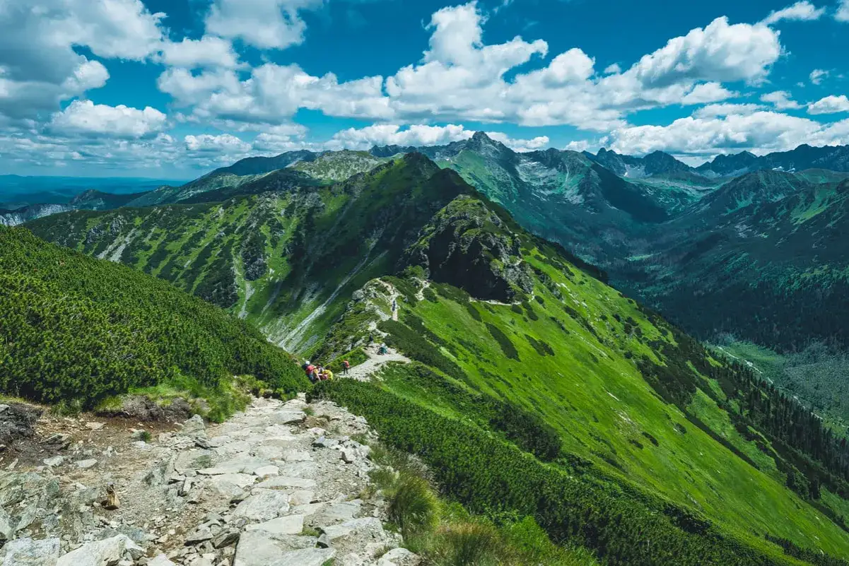 Kamienista ścieżka wije się wzdłuż zielonych zboczy. Kopa Kondracka trasa oferuje zapierające dech w piersiach widoki na Tatry.