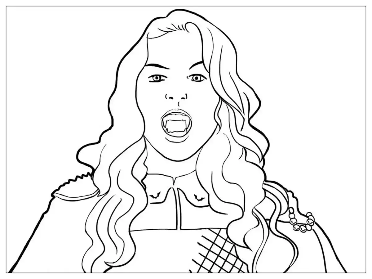 Dibujo de una chica para colorear con colmillos de vampiro y cabello ondulado.