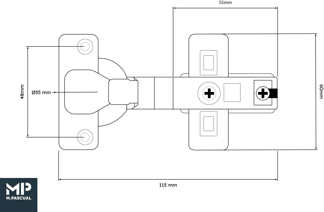 Plano t&eacute;cnico de bisagra para puertas de muebles de cocina. Muestra medidas de 48mm, 55mm, 60mm y 115mm.