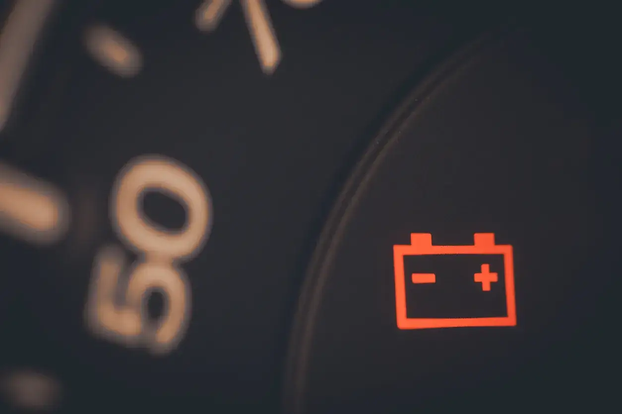Tableau de bord d'une voiture avec le voyant batterie rouge allumé, signalant un problème.
