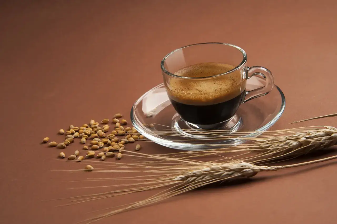 Tazza di **caffè d'orzo** fumante, chicchi e spighe di grano su sfondo marrone.