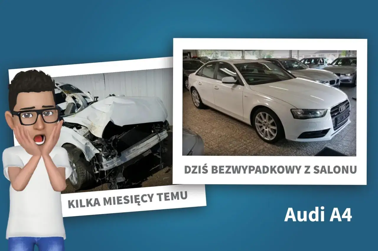 Audi A4 sedan: zniszczony po wypadku i lśniący, bezwypadkowy z salonu.