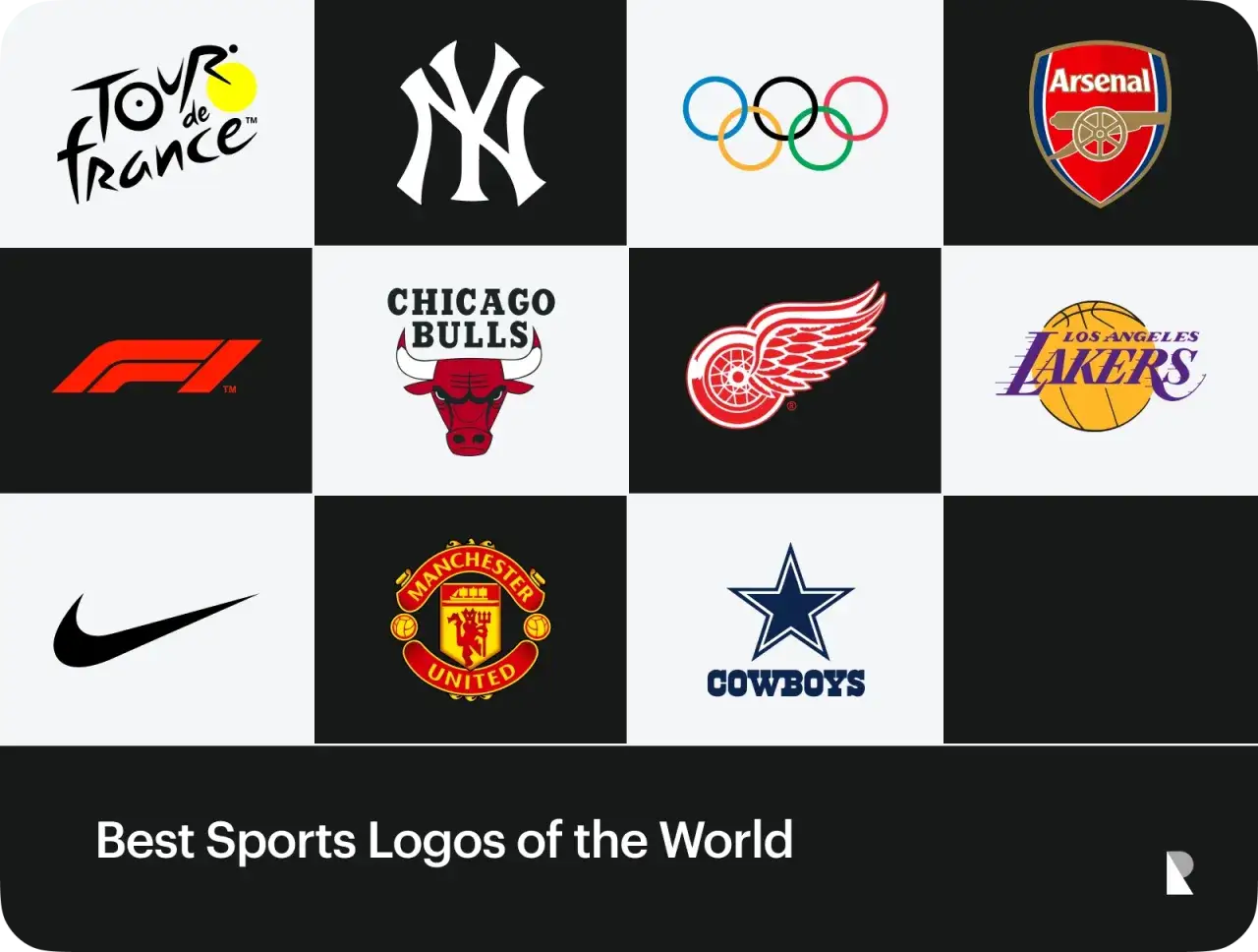 Kolaż znanych marek sportowych logo: Tour de France, New York Yankees, Igrzyska Olimpijskie, Arsenal, F1, Chicago Bulls, Detroit Red Wings, LA Lakers, Nike, Manchester United, Dallas Cowboys.