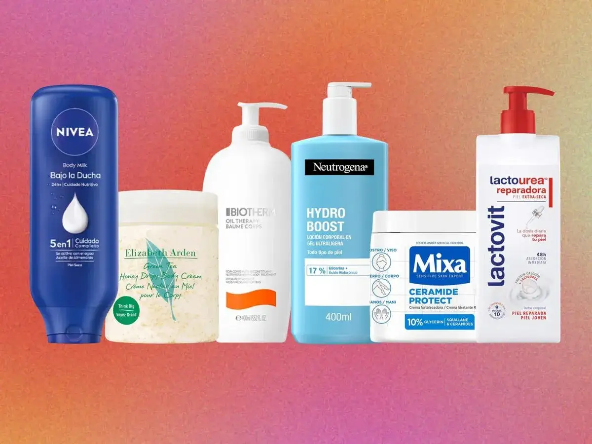 Varias lociones y cremas corporales, incluyendo Nivea, Neutrogena y Lactovit, para encontrar la mejor crema hidratante corporal.